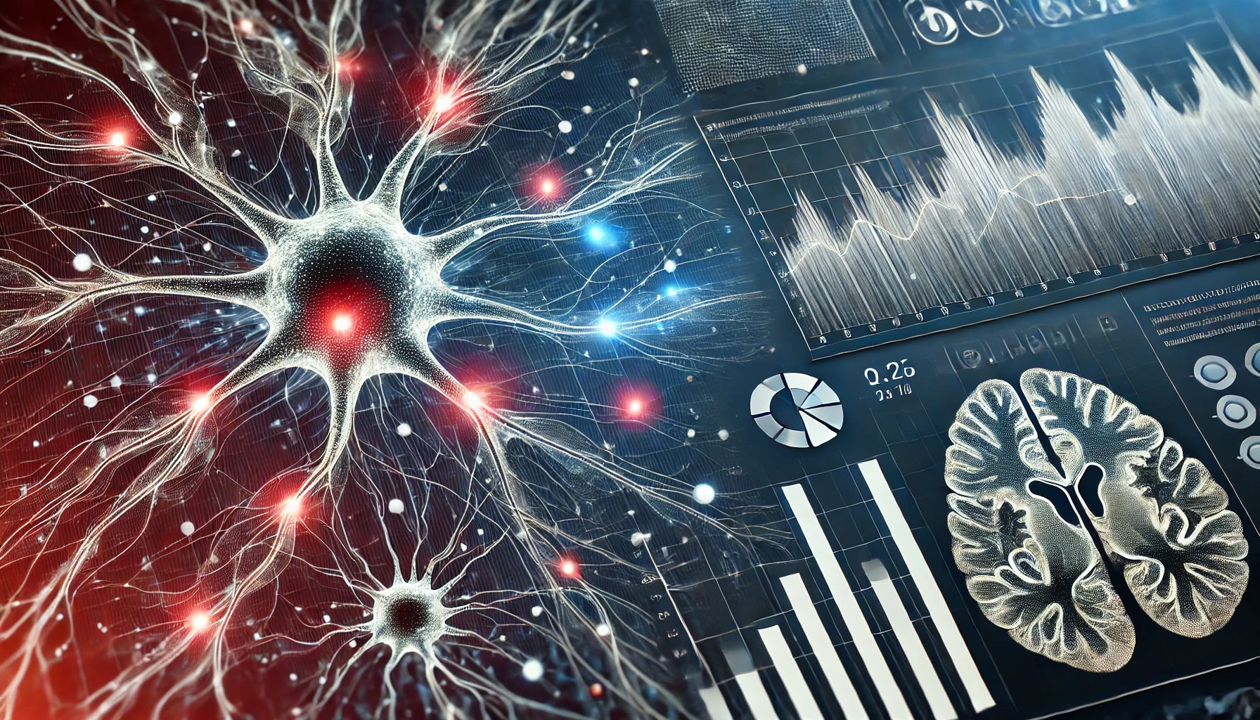 AI-generated image showing nerve cells with glowing sodium channels, PET scan highlights of nerve hotspots, and a subtle financial graph